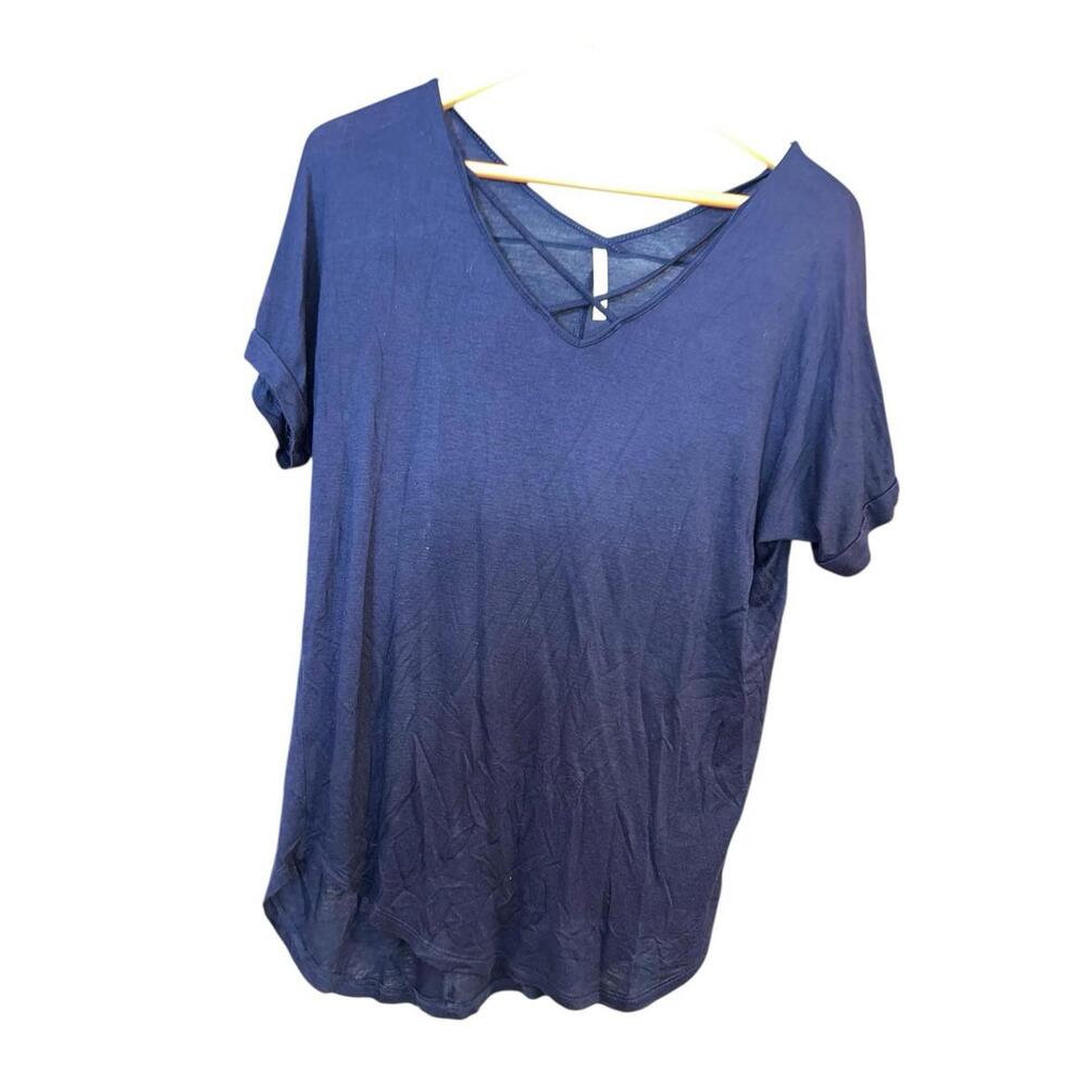 Active USA navy blue criss cross v neck short sleeve casual tee women‎ L